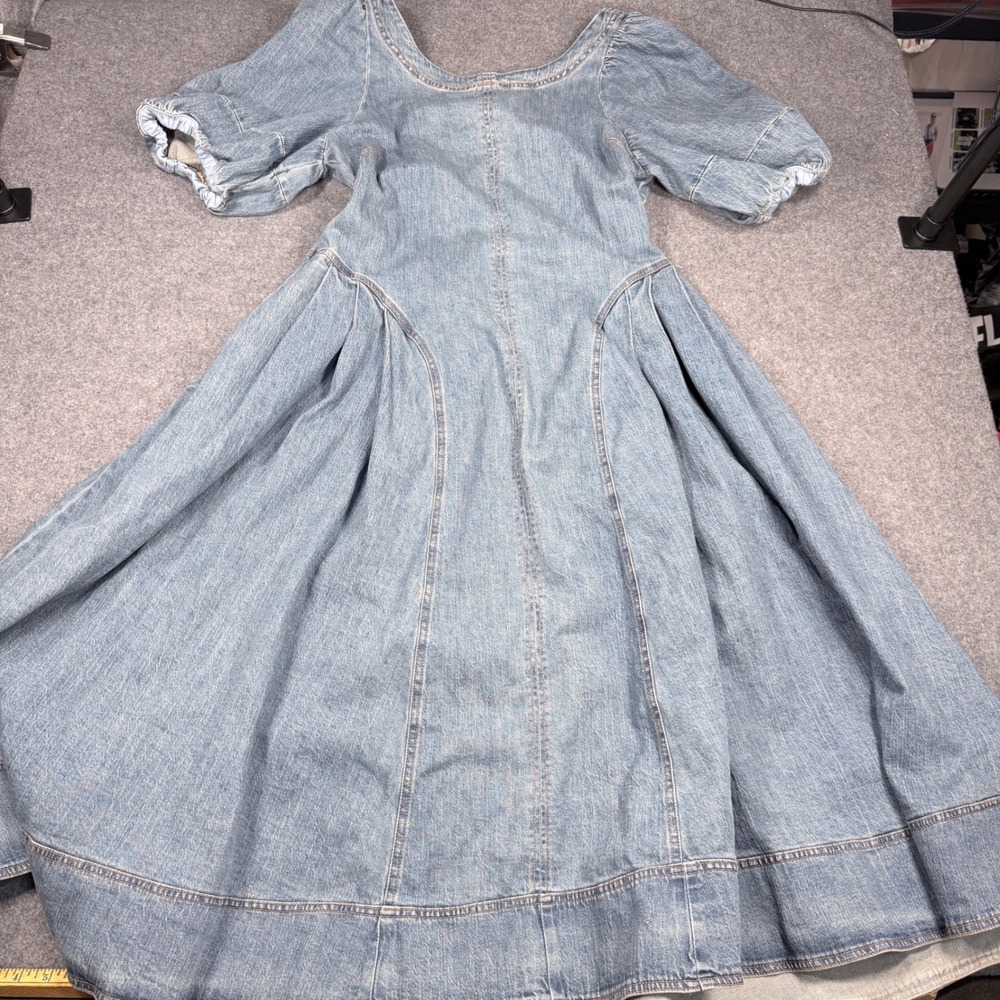 Pilcro Anthropologie Denim Puff Sleeve Open Back Midi Dress Light Wash XL NWT